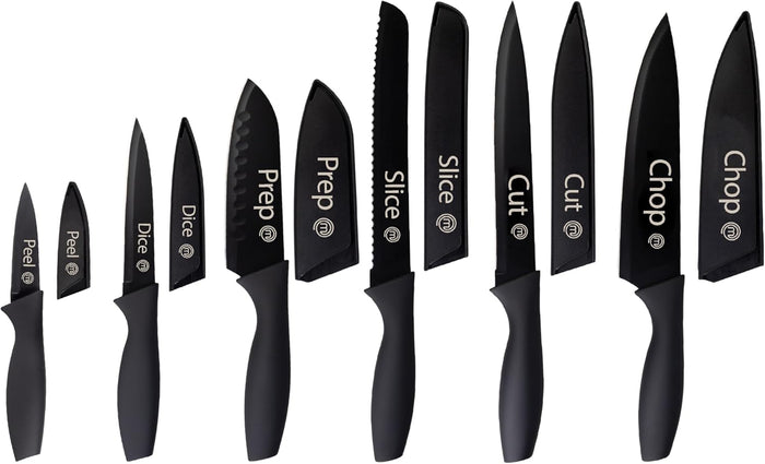 MasterChef Knife Set with Block, 6 Kitchen Knives and a Universal Knife Holder, Extra Sharp Stainless Steel Blades for Precise Cutting with Non Stick Coating & Soft Touch Easy Grip Handles, Black