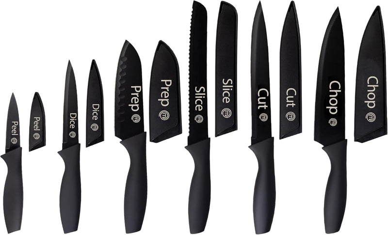 MasterChef Knife Set with Block, 6 Kitchen Knives and a Universal Knife Holder, Extra Sharp Stainless Steel Blades for Precise Cutting with Non Stick Coating & Soft Touch Easy Grip Handles, Black