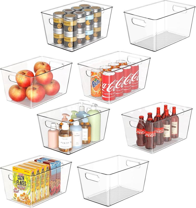 Set of 8 Clear Plastic Storage Bins, 6 Large +2 Small Pantry Organizers and Storage Containers for Kitchen Organization, Home Storage Essentials for Office, Closet, Garage, Freezer& Bathroom