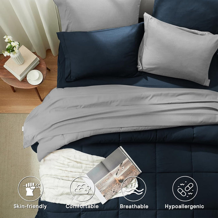 Anluoer Queen Comforter Set 7 Piece, Navy and Grey Bed in a Bag with Sheets