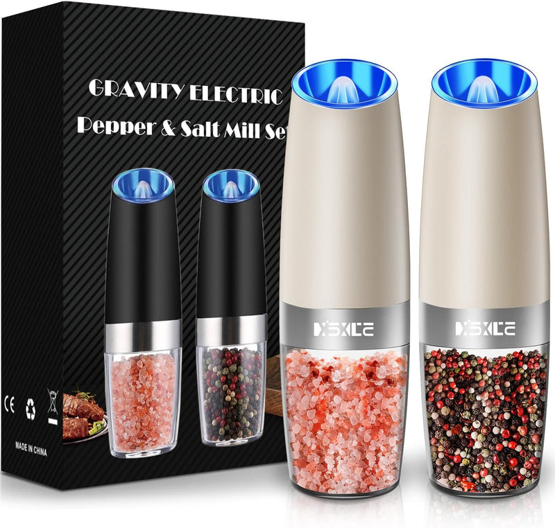 XinXu Gravity Electric Pepper and Salt Grinder Set, Adjustable Coarseness, with LED Light, One Hand Automatic Operation (Set/Silver X)