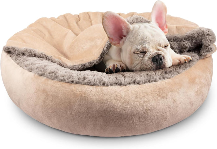 JOEJOY Small Dog Bed Cat Bed with Hooded Blanket, Cozy Cuddler Luxury Puppy Pet Bed, Donut Round Calming Anti-Anxiety Dog Burrow Cave Bed - Anti-Slip Bottom and Machine Washable 23 inch