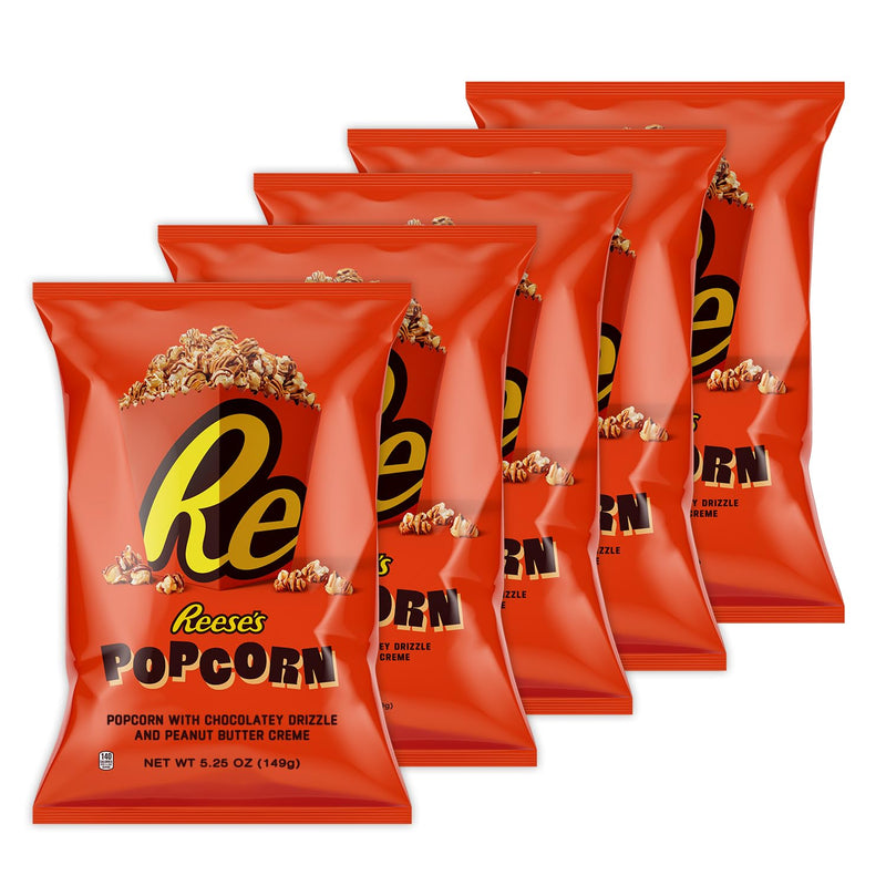 Reese's Popcorn, 5.25oz Grocery Sized Bag, Popcorn Drizzled in Reese's Peanut Butter and Chocolate, Ready to Eat, Savory Snack, Sweet and Salty
