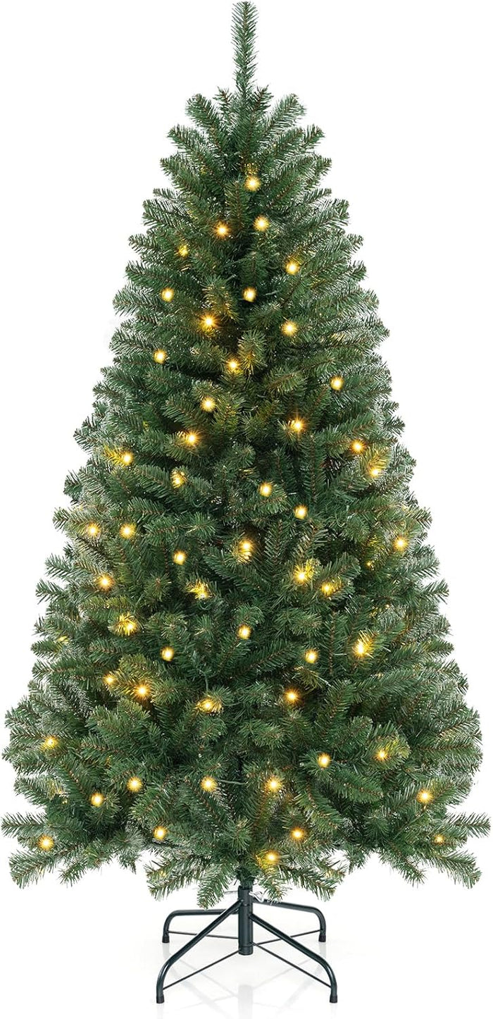 Goplus 7ft Pre-Lit Christmas Tree, Artificial Hinged Xmas Tree with 250 Warm White LED Lights, 8 Lighting Modes & Gloves, 830 PVC Branch Tips, for Home Office Decoration