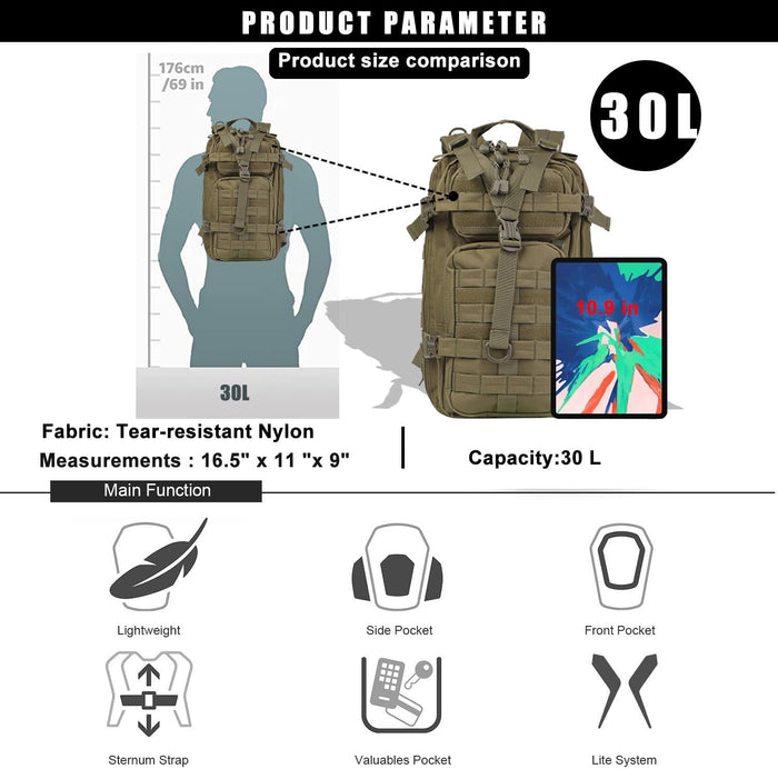Small Tactical Backpack Military Daypack - 30L Backpack for Men Molle Assault Pack Bug Out Bag for Hiking Camping Travel Army Hunting Rucksack Trekking (Green)