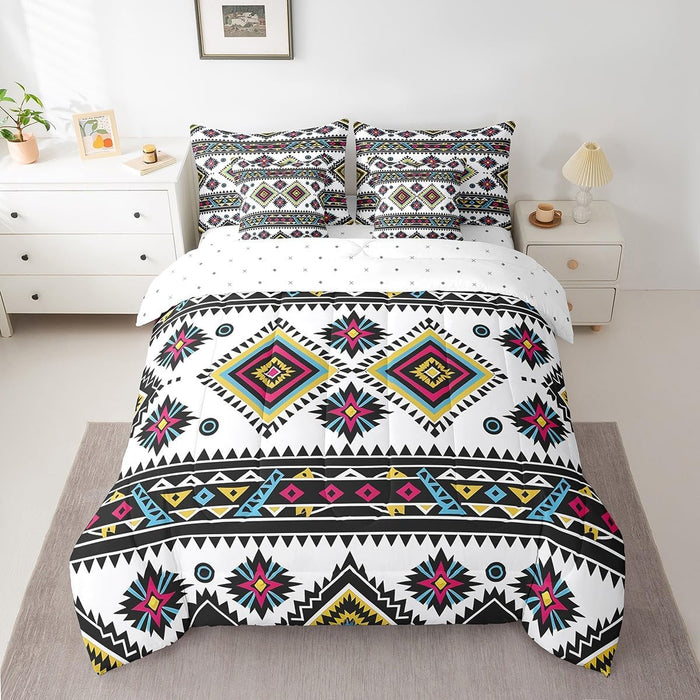 Feelyou Bohemian Bed Set For Kids Boys Girls Twin Size Geometric Striped 7 Pieces Beeding Set Ultra Soft Native American Design Boho Bed in a Bag with Comforter, Sheets, Pillowcases Western Room Decor