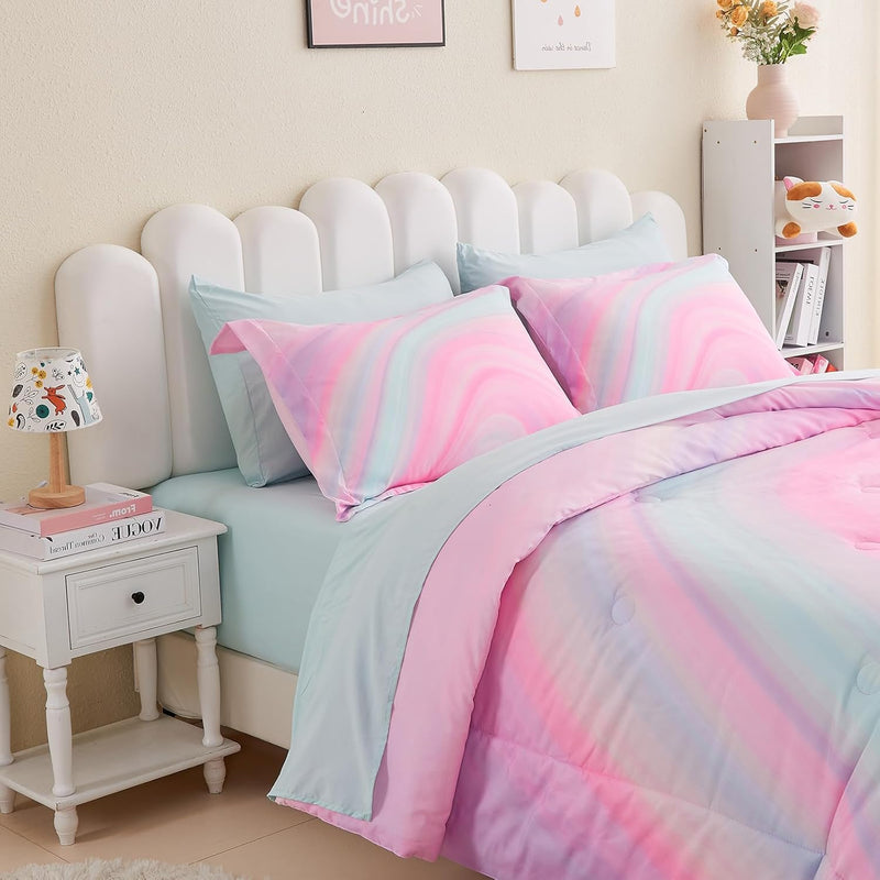 Wajade 7 Piece Pink Bow Bedding Set for Girls Kids Full Size Comforter Set with Sheet and 2 Pillowcases 2 Pillow Shams Cute Girls Bed in a Bag as Birthday Choice