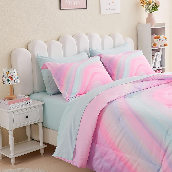 Wajade 7 Piece Pink Bow Bedding Set for Girls Kids Full Size Comforter Set with Sheet and 2 Pillowcases 2 Pillow Shams Cute Girls Bed in a Bag as Birthday Choice