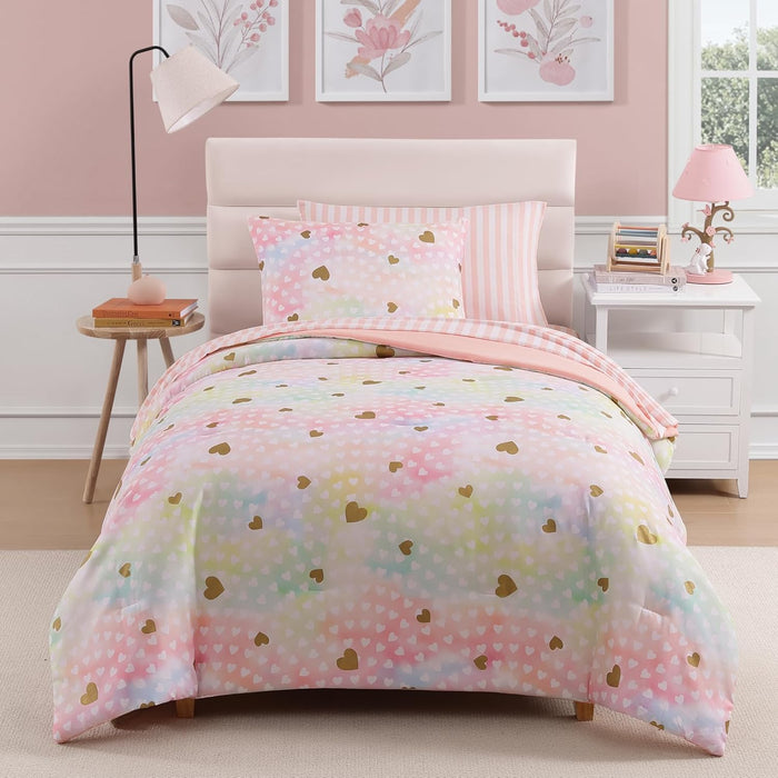 Twin Comforter Set with Sheets for Girls-5 Pieces Twin Bedding Sets with Pink Comforter, Sheets, Pillowcase & Sham for Kids (Pink Gold Heart, 66" X 86")