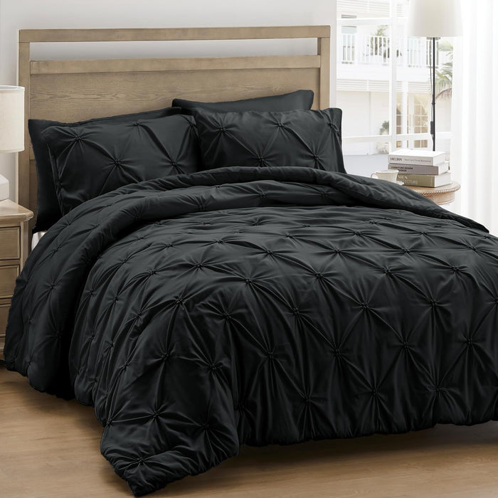 UNIKOME Queen Comforter Set White - Ultra Soft Boho Pintuck Down Alternative Bedding Set for Winter, All Seasons, 3 Pieces Warm Pinch Pleat Solid Bed Set with Comforter, 2 Pillowcases