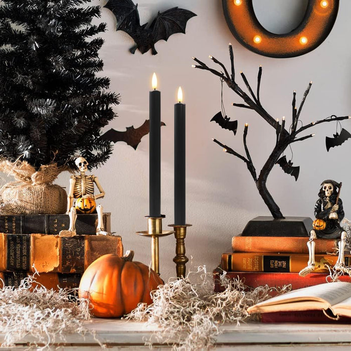Black Flameless Taper Candles with Remote - 10 Inch LED Candlesticks Flickering, Realistic 3D Flame with Wick, Warm White Light, Home Halloween Decor, Automatic Timer - Set of 6