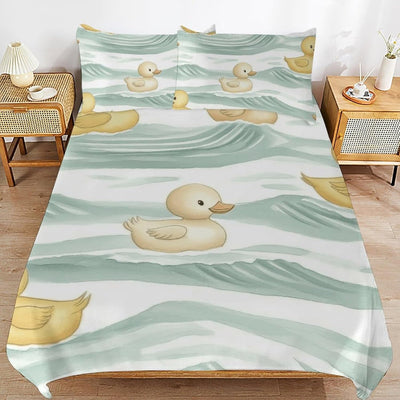 Yellow Duckies Waves Comforter Sets Full Size 3pcs Queen Comforter Bedding Set with 2 Pillowcases for Kids 79"x90"(Full)
