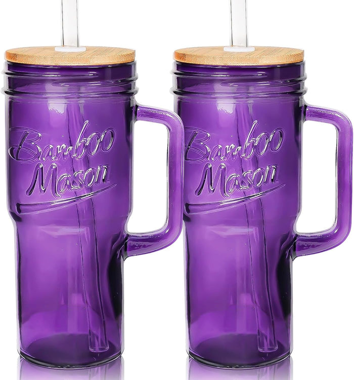 ANOTION Glass Cups with Lids and Straws - 24 oz Tumbler with Handle Halloween Coffee Cups Glass Straws Mason Jar Cups Drinking Set Kitchen Essentials Coffee Bar House Warming Gifts New Home