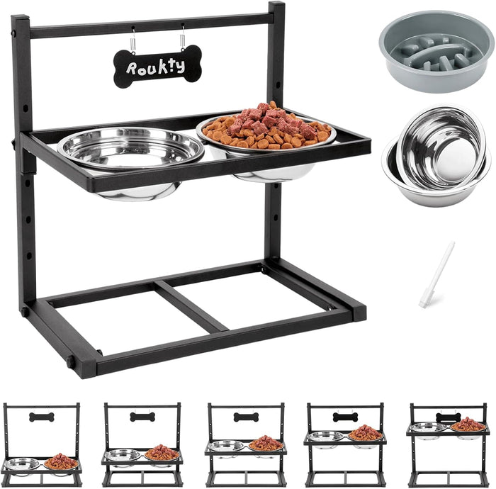 Elevated Dog Bowls with Slow Feeder - 9 Heights Adjustable Raised Dog Bowl Stand with Two 1.7L Stainless Steel Dog Food Bowls & Slow Feeder and a Nonslip Pad, Perfect for Medium Large Breed