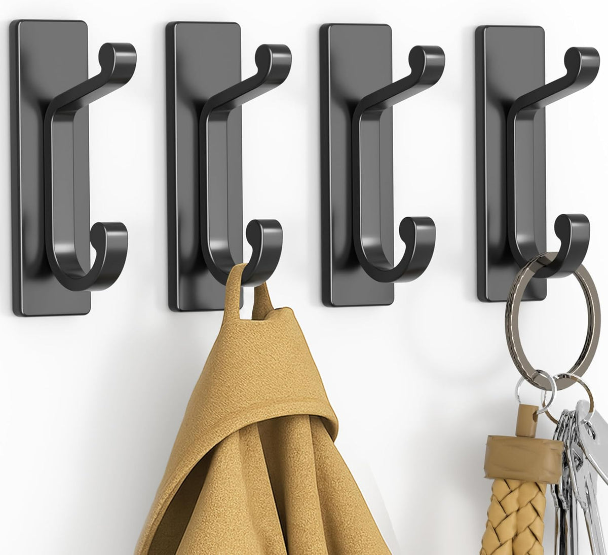 6 Pack Self Adhesive Wall Black Hooks - Sticky Hooks Wall Mount for Clothes, Towel, Robes, Keys, Purse, Backpack, Heavy Duty Hooks for Door Kitchen Bathroom Shower Rental Houses, Hold 13Lbs.
