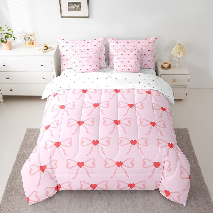 Feelyou Bow Bed Set Boys Kids Girls Twin Size Bow Pattern 7 Pieces Beeding Set Ultra Soft Cute Coquette Bow Knot Bed in a Bag with Comforter, Sheets, Pillowcases Girly Room Decor Bow Decor