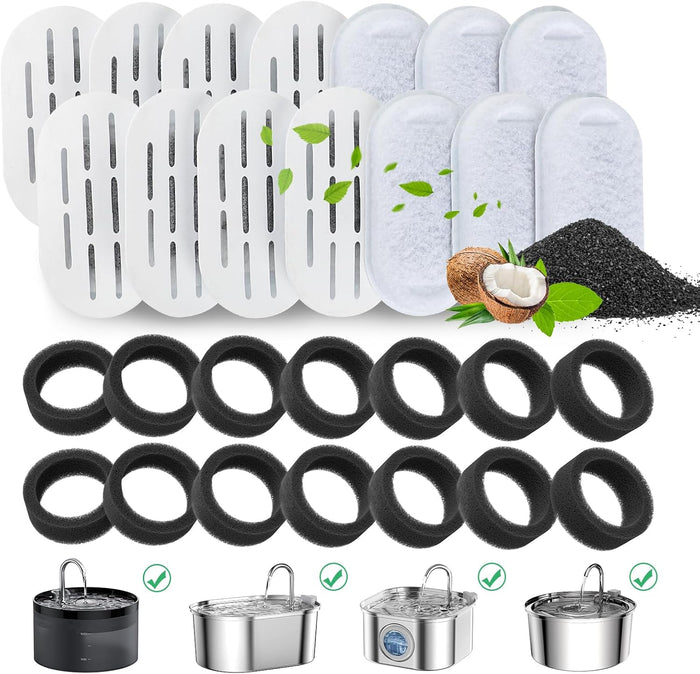 Cat Water Fountain Filters, 24 Pack Cat Fountain Filters, Cat Fountain Replacement Filters for 67oz/2L&108oz/3.2L Stainless Steel Cat Water Fountain, Pet Water Fountain Filters (12 Filters&12 Sponges)
