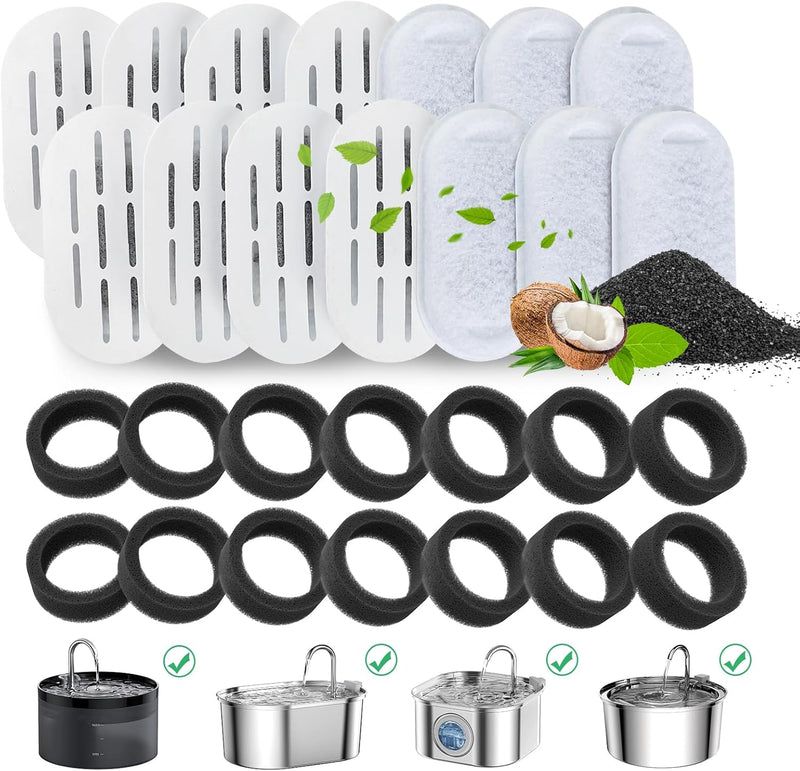 Cat Water Fountain Filters, 24 Pack Cat Fountain Filters, Cat Fountain Replacement Filters for 67oz/2L&108oz/3.2L Stainless Steel Cat Water Fountain, Pet Water Fountain Filters (12 Filters&12 Sponges)