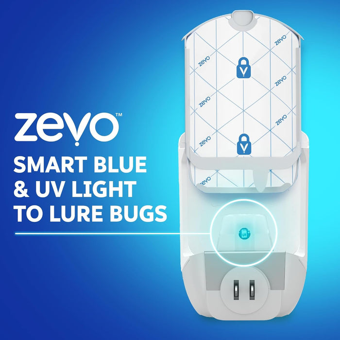 Zevo Flying Insect Trap & 3 Refill Cartridges - Plug in Fly Trap & Indoor Bug Catcher for Gnats, House & Fruit Flies - Blue & UV Light Technology, Mess-Free Alternative to Bug Zapper