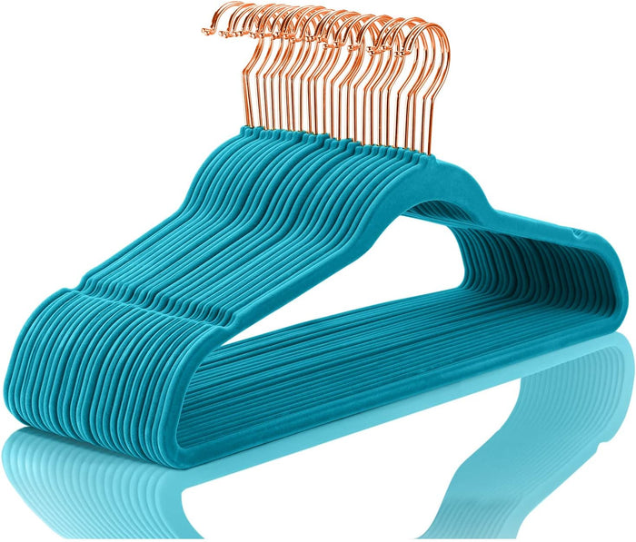 MIZGI Premium Velvet Hangers (50 Pack) Heavy Duty - Non Slip Felt Hangers - Blush Pink - Rose Gold 360 Degree Swivel Hooks,Space Saving Clothes Hanger,Durable Strong Hanger for Suits,Coats,Dress