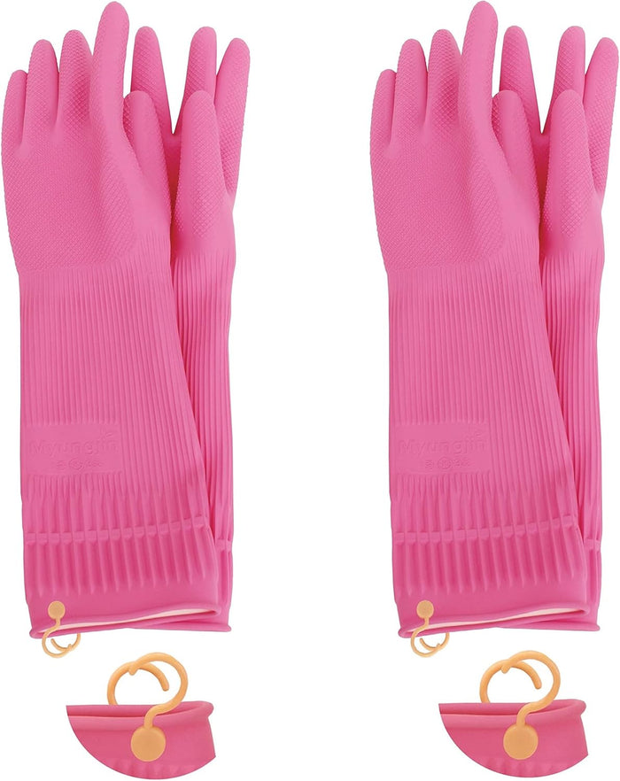Myungjin 2 Pairs Reusable Waterproof Non-Slip Honeycomb Grip Latex Rubber Gloves with Hang-Dry Hooks/Hanging Loops for Dishwashing Household Cleaning Cooking (Medium OverFit)