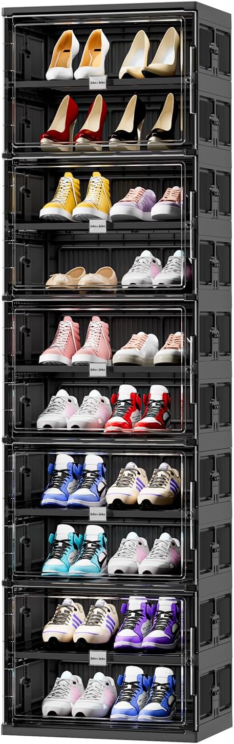 JEKO&JEKO 8 Tiers Foldable Shoe Rack Organizer Cabinet for Closet Entryway, Large Collapsible Shoe Storage Box with Magnetic Doors (Black)