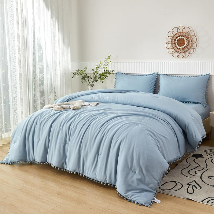 PERFEMET 5 Pcs Pink Pom Pom Comforter Twin Size Aesthetic Boho Pom Fringe Bedding Set with Sheet Ultra Soft Lightweight Farmhouse Bedding Quilt Set for Girls Kids(Pink, Twin)