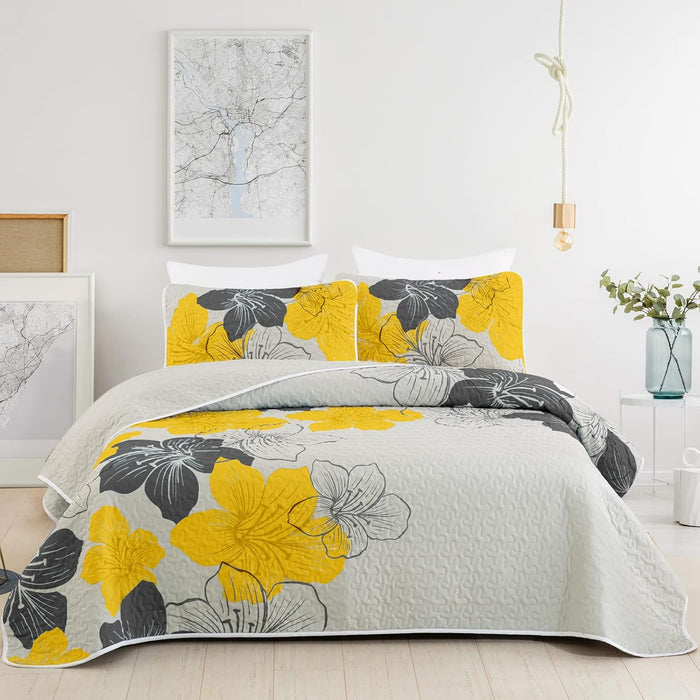 DJY 3 Pieces Quilt Set King Blue Floral Pattern Quilt Coverlet Elegant Bohemian Bedspread with 2 Pillow Shams Soft Lightweight Bedding Quilt Set for Adults (Blue, 104"x90")