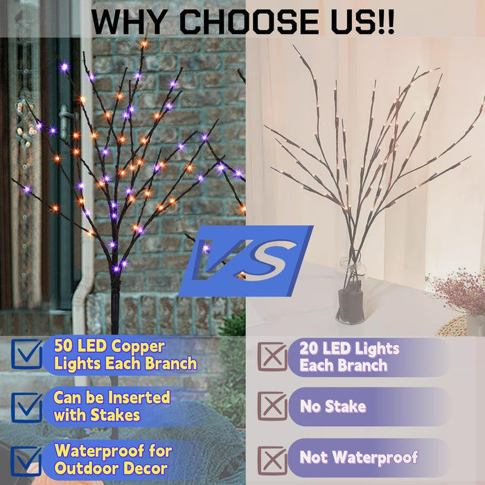 Lighted Halloween Tree Branches, 30IN 100LED Artificial Black Twig Branch with Purple&Orange Fairy Lights, Built-in Timer & Battery Operated, Waterproof for Outdoor Pathway Lawn Garden Decorations