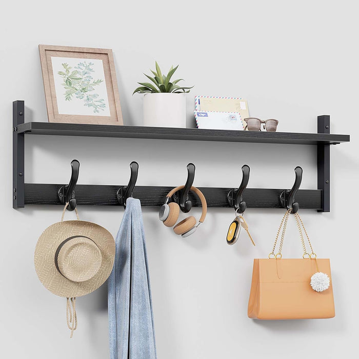 Tatub 29" Rustic Coat Rack Wall Mount with Shelf, Entryway Wall Hooks with Shelf, Coat Hangers for Bathroom, Living Room, Bedroom, Rustic Black