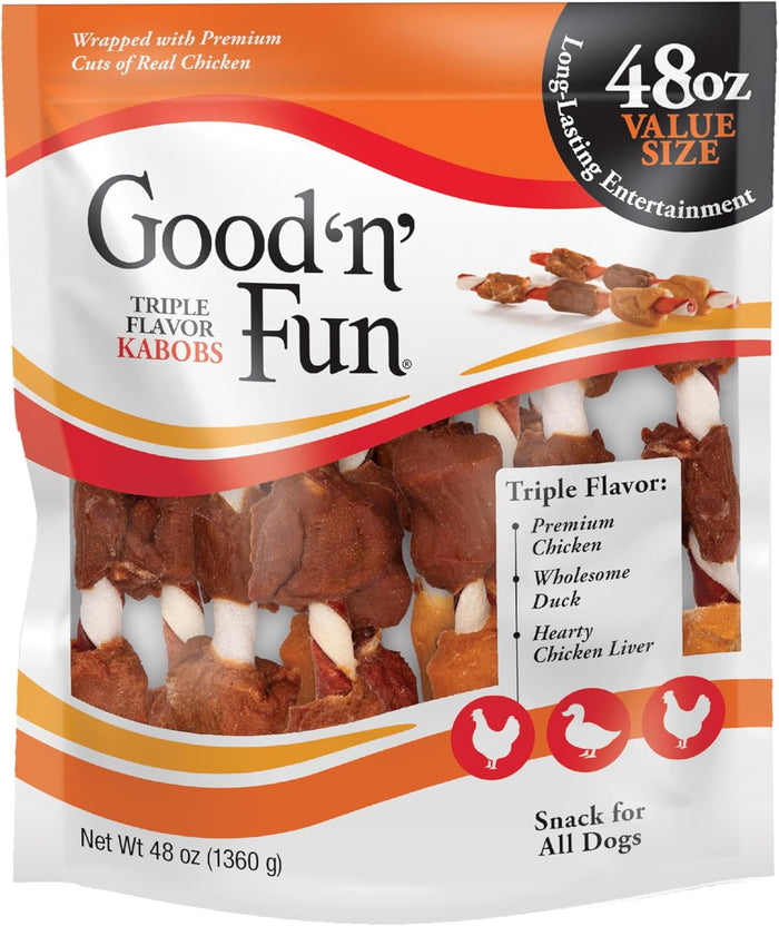 Good ‘n’ Fun Triple Flavor Kabobs Chews for All Dogs, 24 Ounces, Treat Your Dog to Chews Made from Beef Hide, Real Chicken, Pork Hide, Duck and Chicken Liver