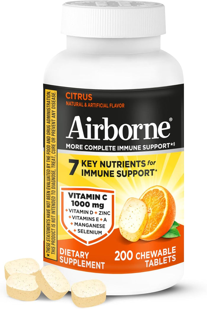Airborne Vitamin C 1000mg (per Serving) - Citrus Chewable Tablets (116 Count in a Bottle), Gluten-Free Immune Support Supplement, with Vitamins A C E, Zinc, Selenium, Echinacea, Ginger, Antioxidants