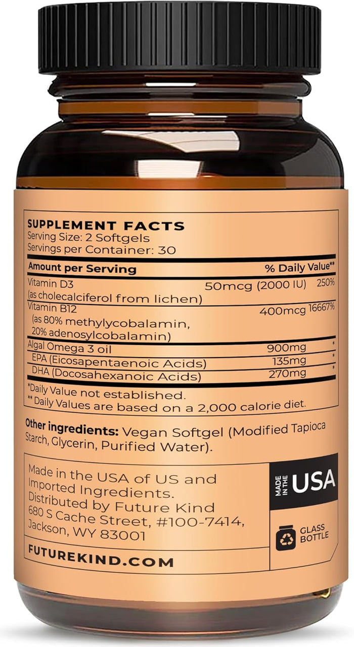Future Kind Vegan Multivitamins - Glass Bottle & Made for Vegans with Omega 3 DHA, EPA, Vitamin B12 & D3 for Energy, Focus, & Mood (60 Softgels)