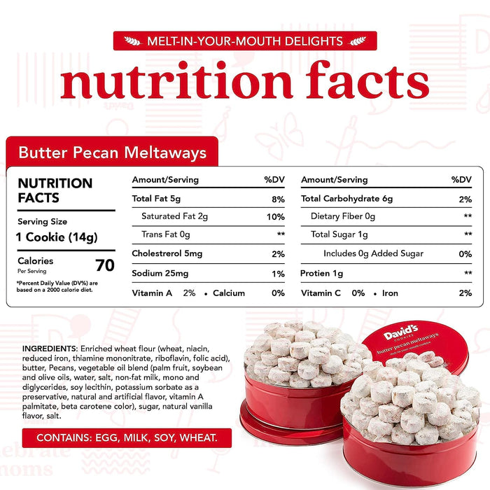 David's Cookies Gourmet Butter Pecan Meltaway Round Tin with Crunchy Pecans and Powdered Sugar, All-Natural Ingredients, Kosher, Ideal Present for Special Occasions, 64 Oz (2 Pack)