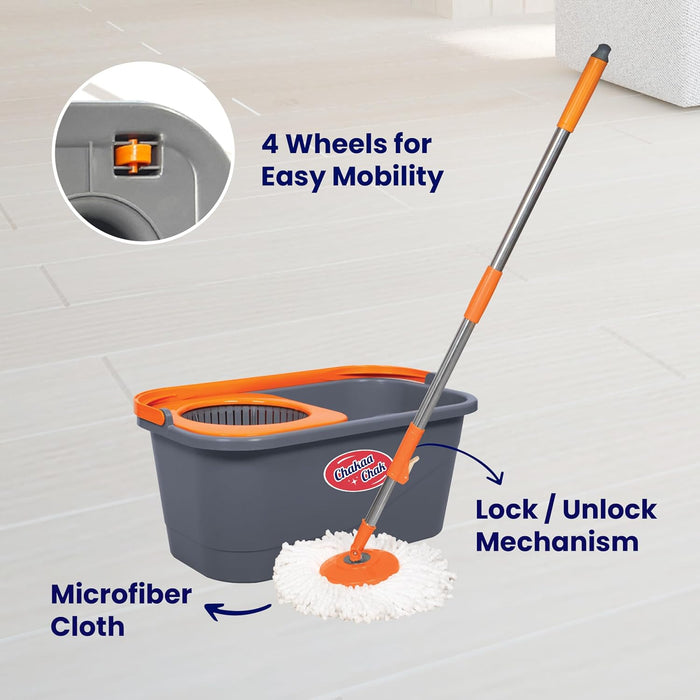 Chakaachak ECO Spin Bucket Mop | 360° Mopping Set with 4 Wheels | Easy Move Cleaning Mop with Bucket | Floor Cleaning Pocha for Home | Bathroom | Office | Durable & Lightweight Mop Set
