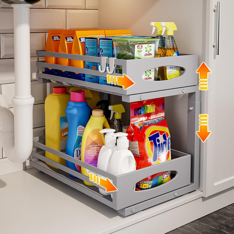 Under Sink Organizer, 2 Tier Under Sink Organizers and Storage, Adjustable Height, Slide Out Metal Cabinet Organizers, Pull Out Cabinet Storage Drawer Shelf for Kitchen Bathroom Gray, 2 Pack