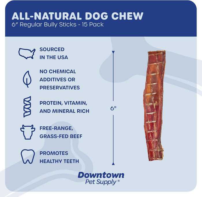Downtown Pet Supply USA Sourced Bully Sticks for Dogs - Grass-fed Beef Chews, Low-Odor & Rawhide-Free, Long Lasting Dog Treats for Heavy Chewers - Healthy, Safe & Delicious Chews (6" 15 Pack)