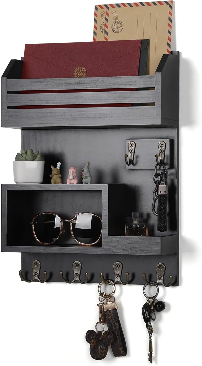 DOPACE Key Holder for Wall, Wall Mounted Mail Organizer with 6 Key Hooks for Sunglasses Storage and Dog Leash Hanger, Gray