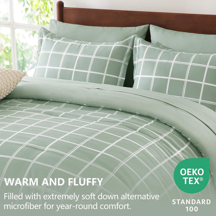 CozyLux King Size Comforter Set Sage Green - 7 Pieces Plaid Bed in a Bag Set, Soft Bed Set King Bedding Sets with All Season Quilted Comforter, Flat Sheet, Fitted Sheet, Pillowcases & Pillow Shams