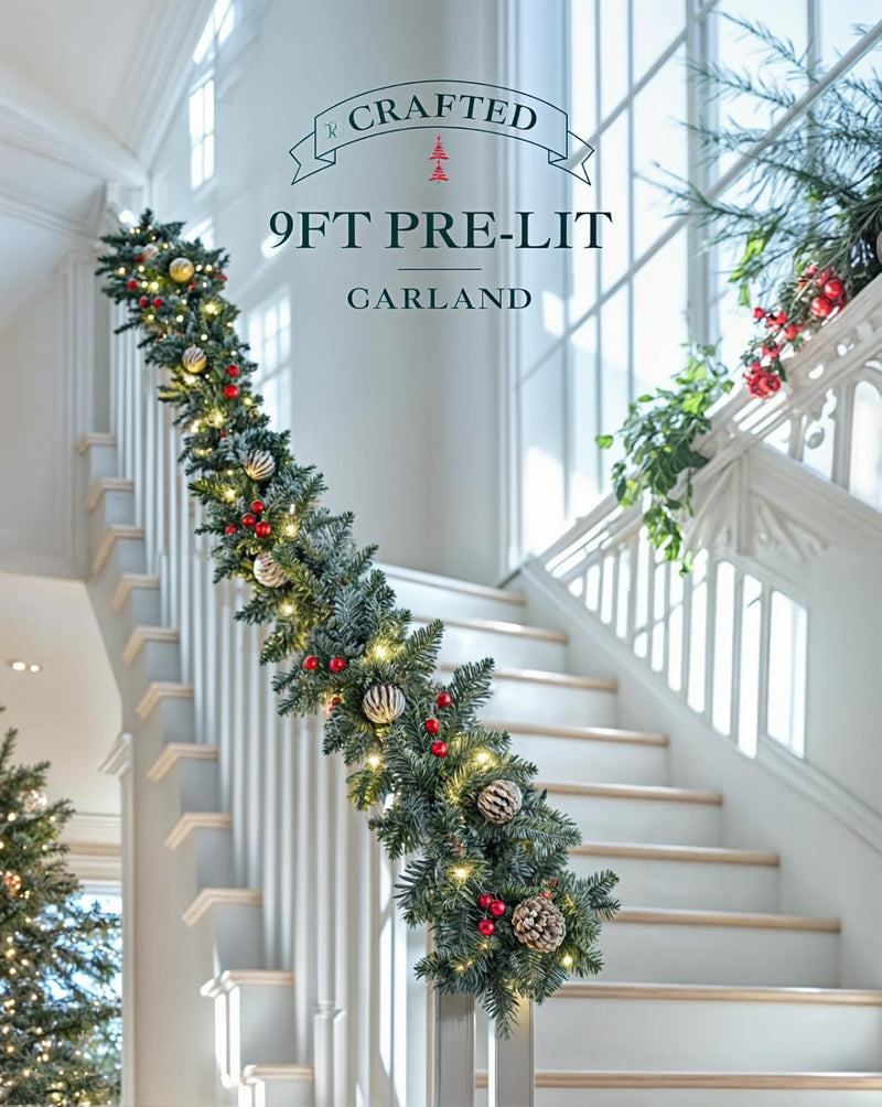 Prelit Christmas Garland, 9FT Lighted Christmas Garland Indoor with Red Berries & Pine Cone for Stairs Wall Door Outdoor Holiday Decor with Battery Operated Timer, Artificial Xmas Garland