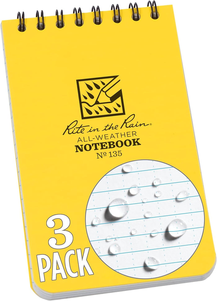 Rite in the Rain Weatherproof Top Spiral Notebook, 3" x 5", Black Cover, Universal Pattern, 3 Pack (No. 735-3X)