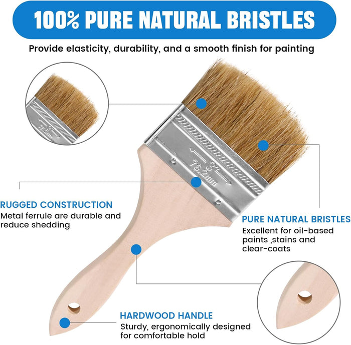 ETERNA 4Pack Household Chip Paint Brush 3inch Natural Bristles Wooden Handle Flat Brushes Set for Painting, Glue, Oil, Acrylic, Stain