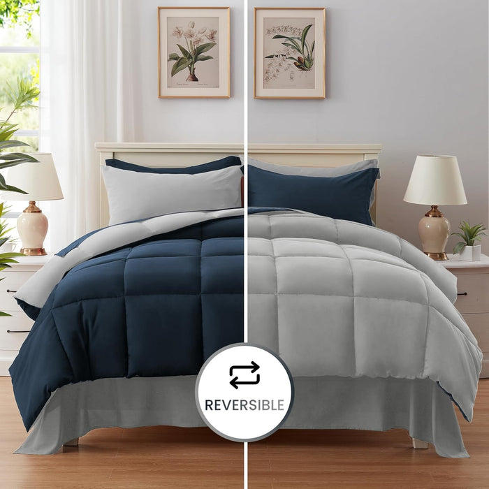 Anluoer Queen Comforter Set 7 Piece, Navy and Grey Bed in a Bag with Sheets
