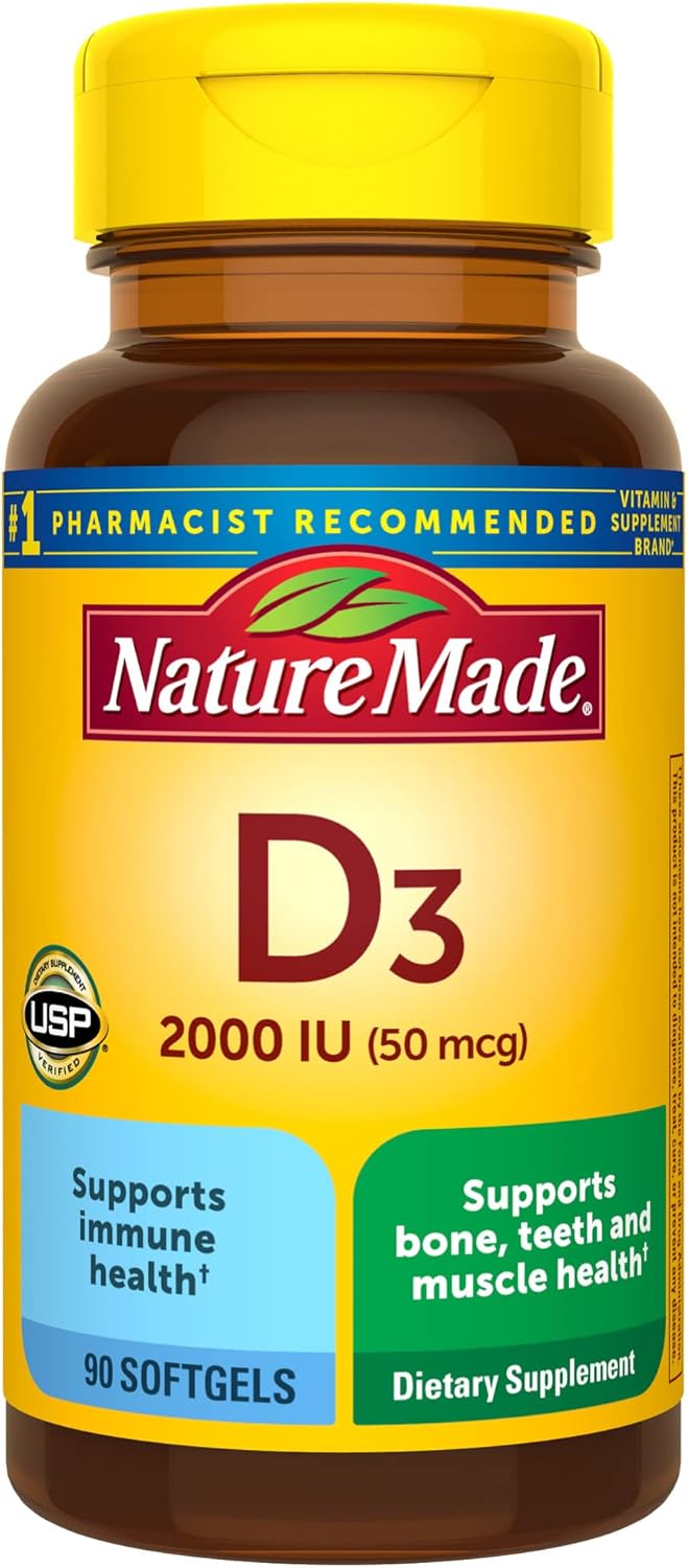 Nature Made Vitamin D3 2000 IU (50 mcg), Vitamin D Supplement for Bone, Teeth, Muscle and Immune Health Support, 250 Softgels, 250 Day Supply