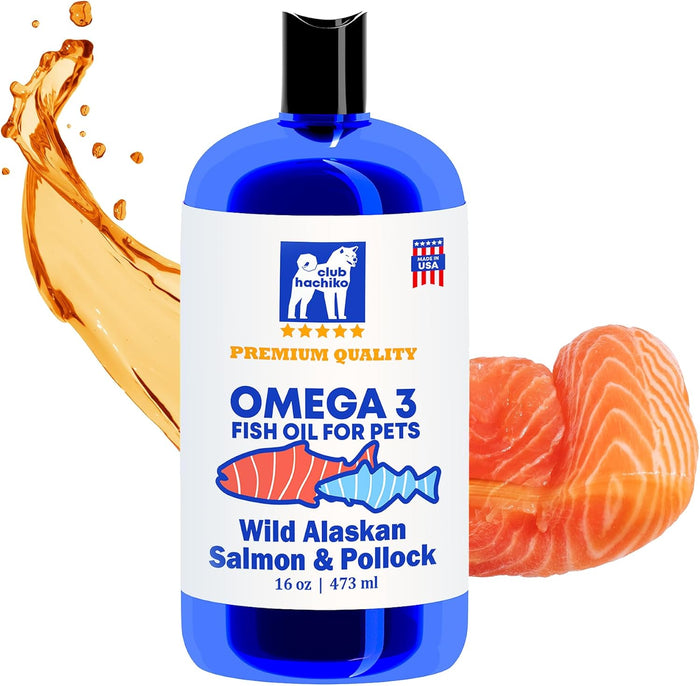 Wild Alaskan Salmon & Pollock Oil for Dogs – Itchy Skin, Shedding, Allergy & Joint Relief – NASC Certified Omega 3s – 8oz Liquid Food Topper – Club Hachiko