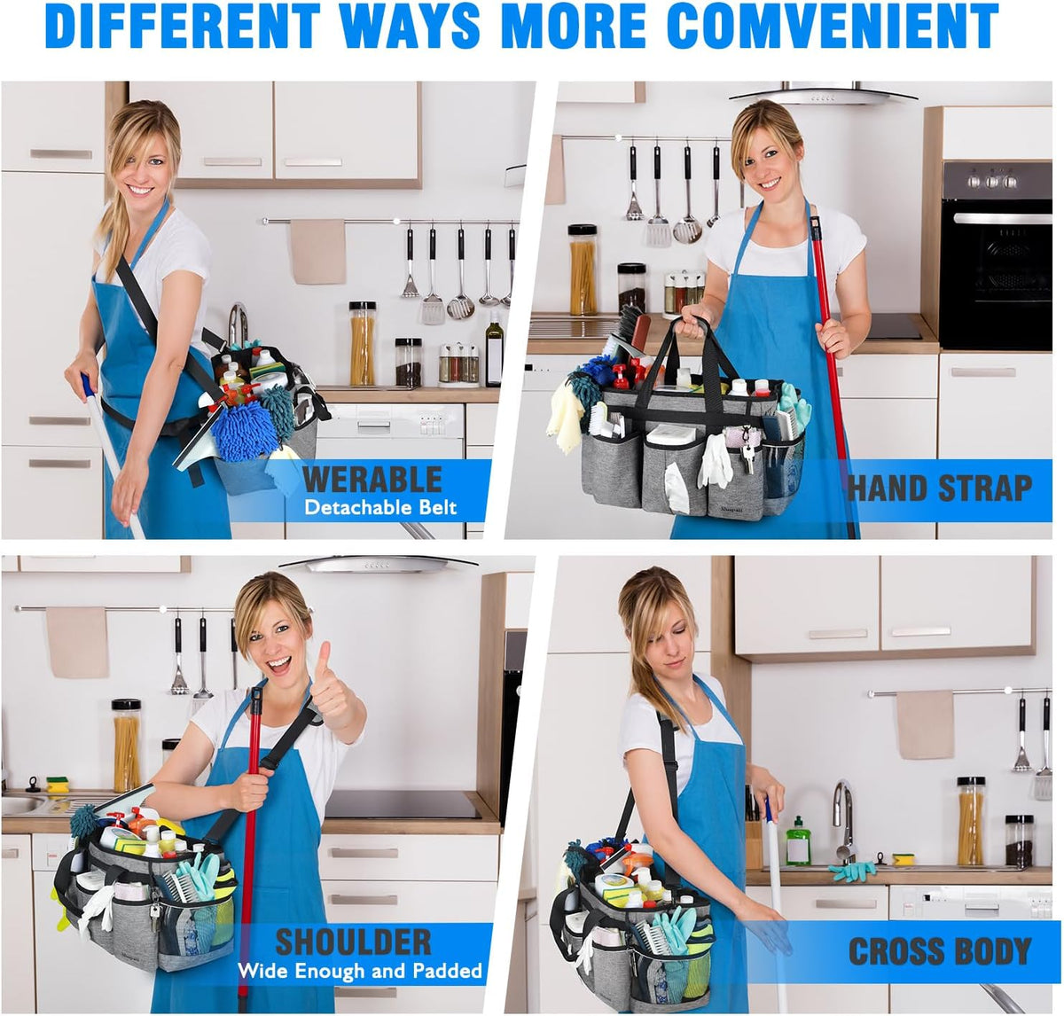 Large Wearable Cleaning Caddy Bag, Cleaning Caddy Supplies Organizer with Handles for Cleaners & Housekeeper, Under Sink & Car Cleaning Tool Organizers Bag with Adjustable Shoulder Strap&Waist Belt