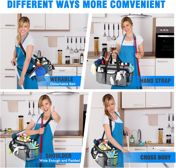 Large Wearable Cleaning Caddy Bag, Cleaning Caddy Supplies Organizer with Handles for Cleaners & Housekeeper, Under Sink & Car Cleaning Tool Organizers Bag with Adjustable Shoulder Strap&Waist Belt