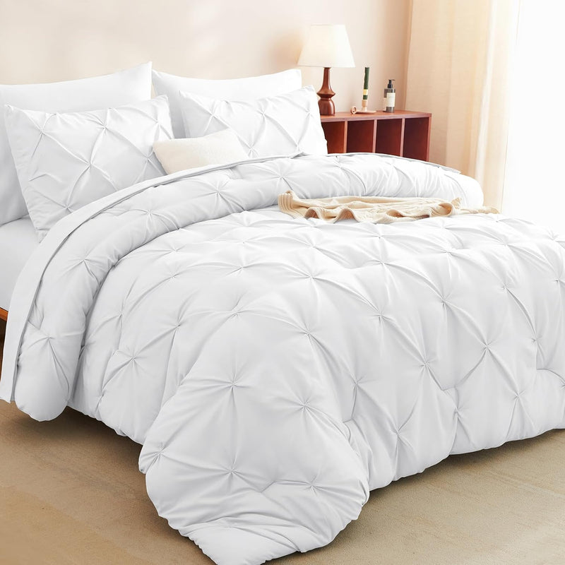 CozyLux Queen Comforter Set Black, 7 Pieces Pintuck Bed in A Bag, Premium Black Comforter Queen Size, Pinch Pleat Bedding Sets with Comforter, Sheets, Pillowcases & Shams