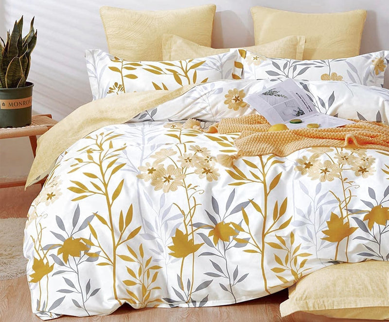 SLEEPBELLA Cotton Queen Size Comforter, Yellow Flowers & Green Botanical Pattern Printed on White 100% Cotton Fabric, Ultra Soft Microfiber Inner Fill 3Pcs Bedding Set