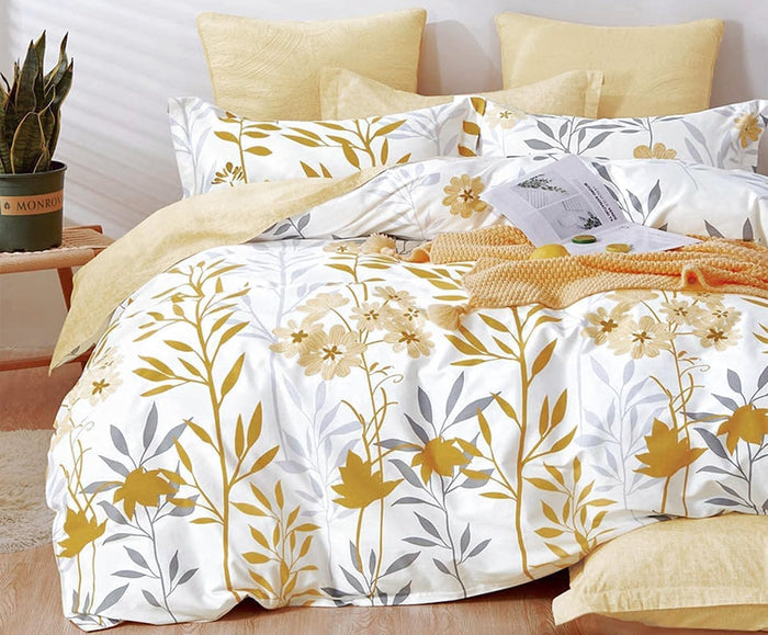 SLEEPBELLA Cotton Queen Size Comforter, Yellow Flowers & Green Botanical Pattern Printed on White 100% Cotton Fabric, Ultra Soft Microfiber Inner Fill 3Pcs Bedding Set
